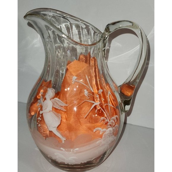 Vintage Bown Glass Ribbed Hand Painted OOAK Juice Iced Tea Pitcher 9" - Picture 1 of 6